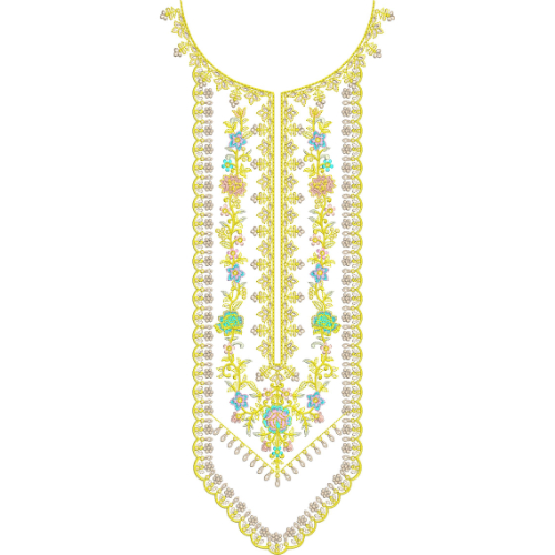 Elegant Floral Round Neckline Embroidery Design with Scalloped Border and Traditional Motifs