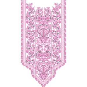 Elegant Pink Floral Panel Neckline Embroidery Design with Ornamental Vine and Lace Border