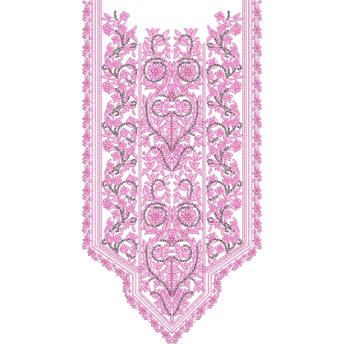 Elegant Pink Floral Panel Neckline Embroidery Design with Ornamental Vine and Lace Border