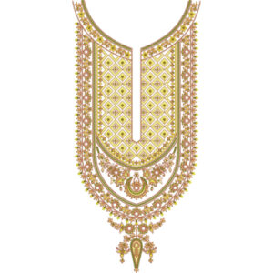 Traditional U-Shape Geometric and Floral Neckline Embroidery Design with Ornamental Pendant Detail