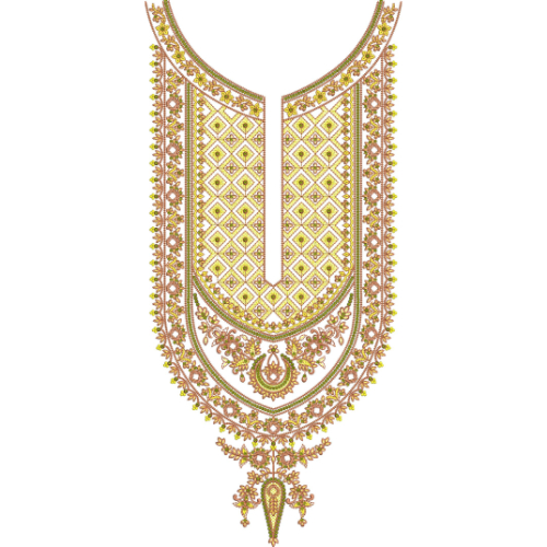Traditional U-Shape Geometric and Floral Neckline Embroidery Design with Ornamental Pendant Detail