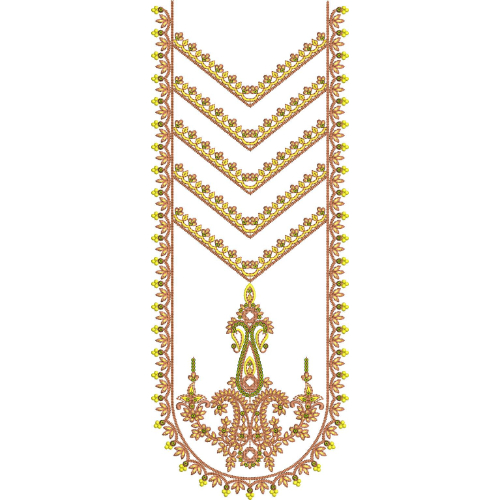 Elegant Chevron Style U-Neckline Embroidery Design with Floral Border and Ornamental Motifs