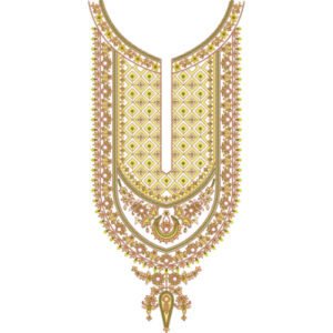 Luxury Traditional U-Shape Neckline Embroidery Design with Geometric Lattice and Ornamental Floral Borders