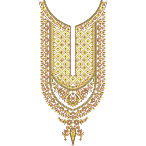 Luxury Traditional U-Shape Neckline Embroidery Design with Geometric Lattice and Ornamental Floral Borders