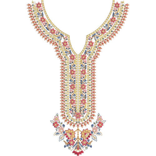 Elegant Floral V-Neckline Embroidery Design with Traditional Vine and Decorative Border