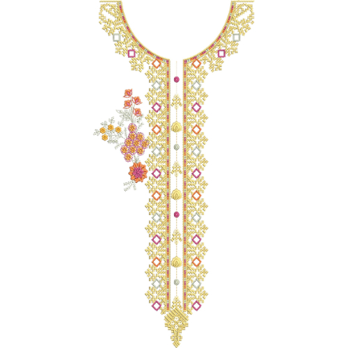 Traditional Geometric and Floral Long Neckline Embroidery Design with Ethnic Diamond Motifs