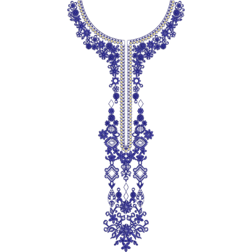 Royal Blue Floral Necklace Style Neckline Embroidery Design with Ornamental Drop Motif
