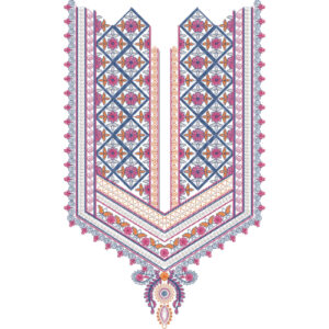 Traditional Geometric Floral V-Shape Neckline Embroidery Design with Ethnic Border Detailing