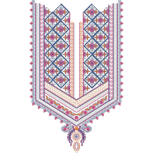 Traditional Geometric Floral V-Shape Neckline Embroidery Design with Ethnic Border Detailing