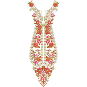 Vibrant Floral U-Neckline Embroidery Design with Traditional Rose Motifs and Ornamental Drop