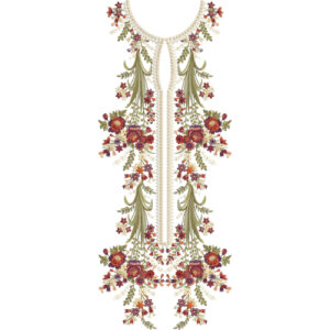 Elegant Botanical Floral Long Neckline Embroidery Design with Traditional Vine and Rose Motifs