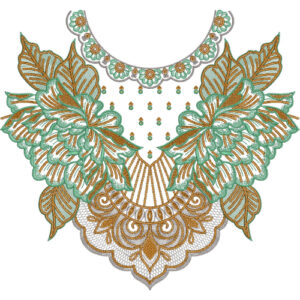 Luxury Statement Floral Round Neckline Embroidery Design with Layered Leaf and Ornamental Motifs