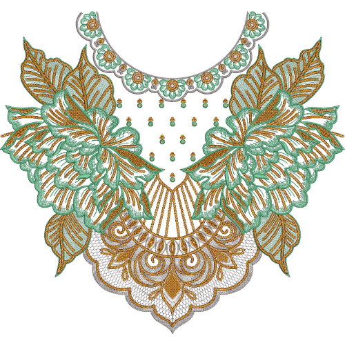 Luxury Statement Floral Round Neckline Embroidery Design with Layered Leaf and Ornamental Motifs
