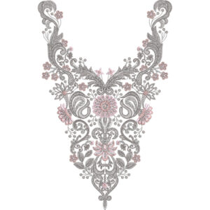 Elegant Paisley and Floral V-Neckline Embroidery Design with Vintage Ornamental Detailing