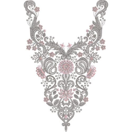 Elegant Paisley and Floral V-Neckline Embroidery Design with Vintage Ornamental Detailing