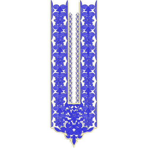 Royal Blue Floral Panel Neckline Embroidery Design with Traditional Geometric and Border Detailing