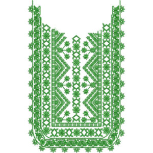 Traditional Green Geometric Floral Neckline Embroidery Design with Ethnic Border Detailing