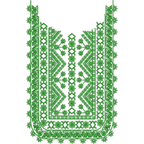 Traditional Green Geometric Floral Neckline Embroidery Design with Ethnic Border Detailing