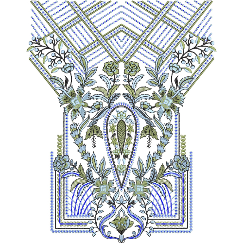 Luxury Geometric Floral V-Neckline Embroidery Design with Ornamental Ethnic Detailing