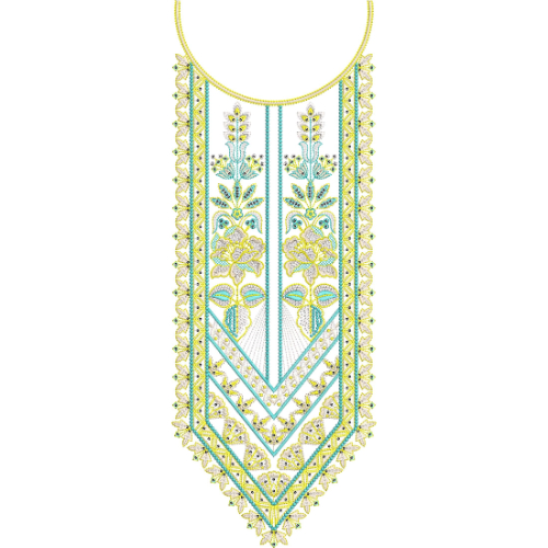 Elegant Geometric and Floral V-Shaped Neckline Embroidery Design with Decorative Border