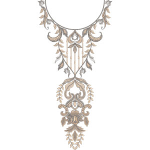 Luxury Ornamental Drop Neckline Embroidery Design with Royal Floral and Leaf Motifs
