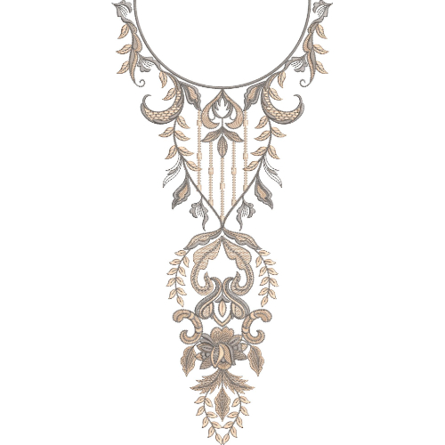 Luxury Ornamental Drop Neckline Embroidery Design with Royal Floral and Leaf Motifs
