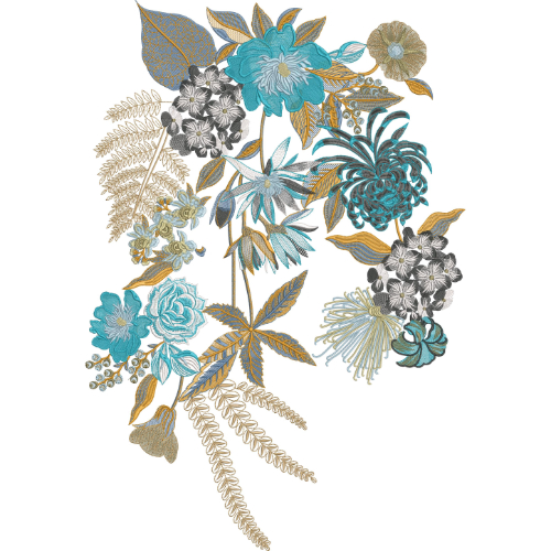 Elegant Multi-Color Floral Spray Neckline Embroidery Design with Artistic Botanical Composition