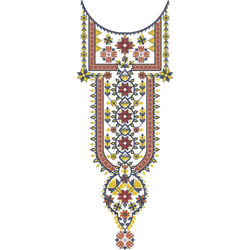 Geometric Folk-Style Neckline Embroidery Design with Central Vertical Panel