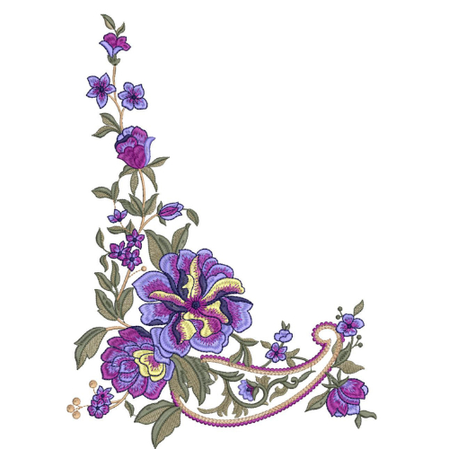 Elegant Purple and Blue Floral Botanical Textile Print with Ornamental Curve Accent