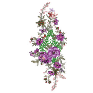 Ornate Multicolor Floral Botanical Textile Print with Decorative Green Framework