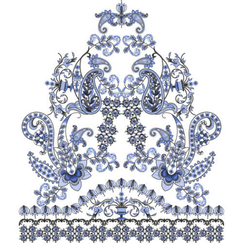 Elegant Blue Ornamental Floral Embroidery Motif Textile Design