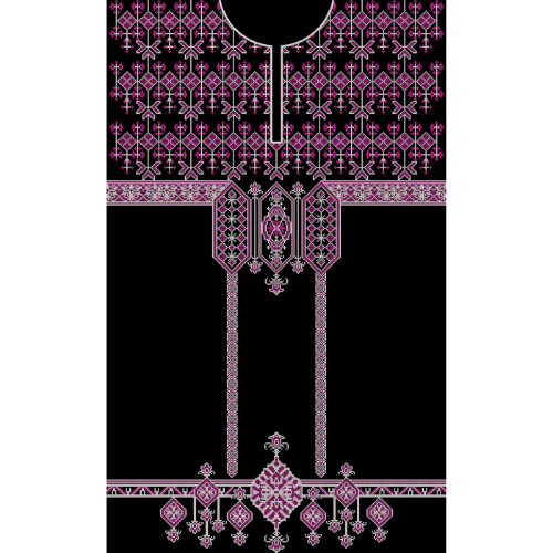 Traditional Geometric Embroidery Neckline Textile Design in Magenta on Black