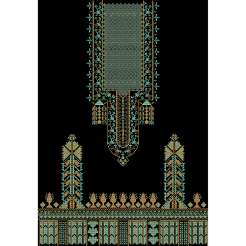 Elegant Traditional Embroidery Neckline and Border Textile Design in Teal and Gold