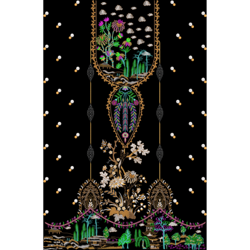 Artistic Nature-Inspired Embroidery Neckline Textile Design on Black