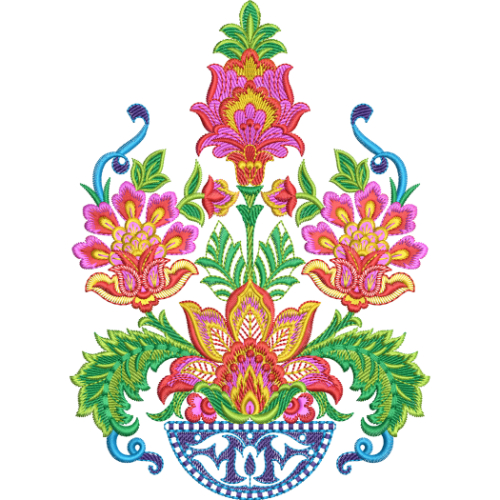 Vibrant Symmetrical Floral Embroidery Motif Textile Design
