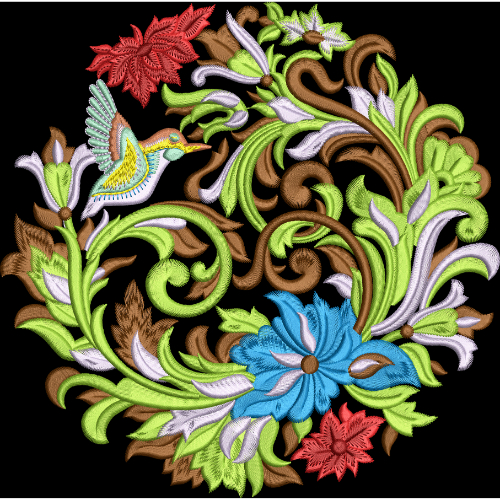 Ornamental Floral and Bird Embroidery Motif Textile Design on Black