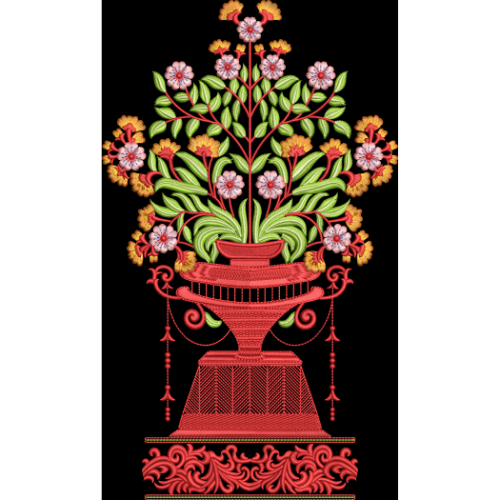 Decorative Floral Vase Embroidery Motif Textile Design on Black