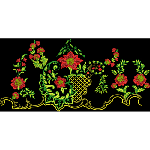 Decorative Floral Embroidery Border with Ornamental Vase Design