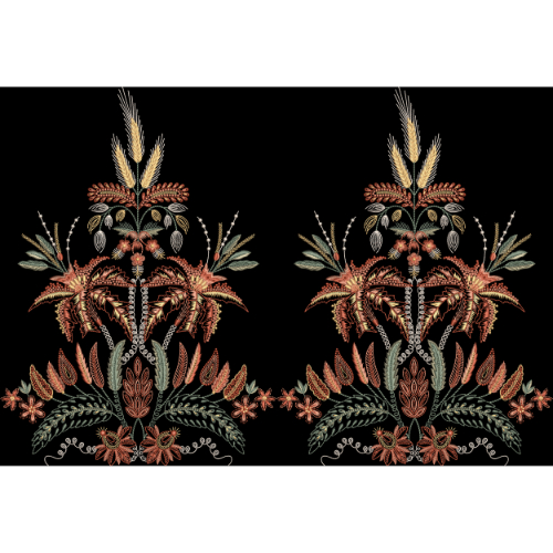 Traditional Symmetrical Botanical Embroidery Motif Textile Design