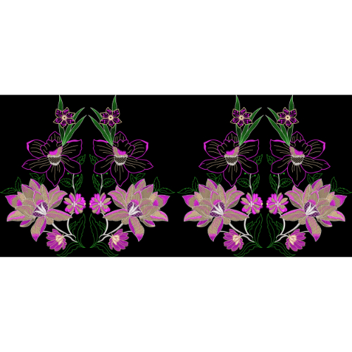 Symmetrical Floral Embroidery Border Design in Purple and Pink