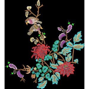 Floral and Bird Embroidery Motif Textile Design on Black