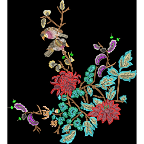 Floral and Bird Embroidery Motif Textile Design on Black