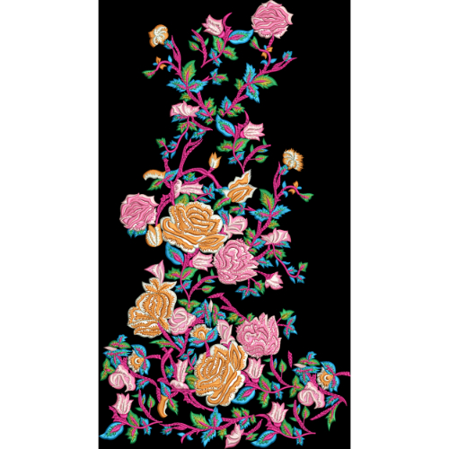 Vibrant Cascading Floral Embroidery Motif Textile Design on Black