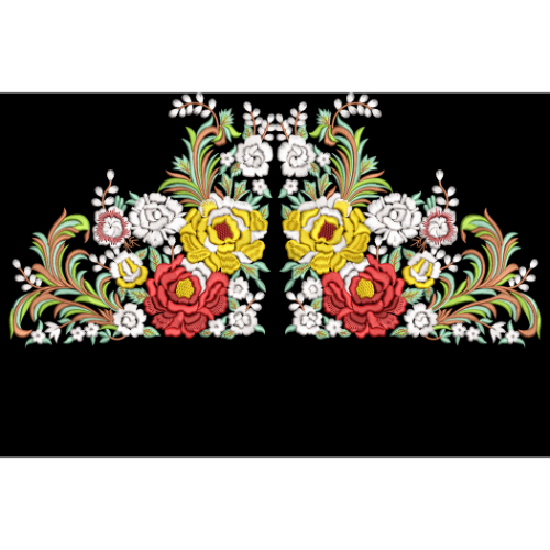 Symmetrical Floral Embroidery Border with Multicolor Blooms