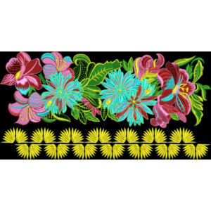Vibrant Multicolor Floral Embroidery Border Textile Design on Black