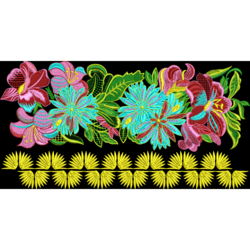 Vibrant Multicolor Floral Embroidery Border Textile Design on Black