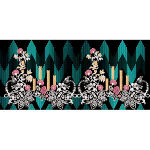 Modern Floral Embroidery Border with Geometric Wave Pattern