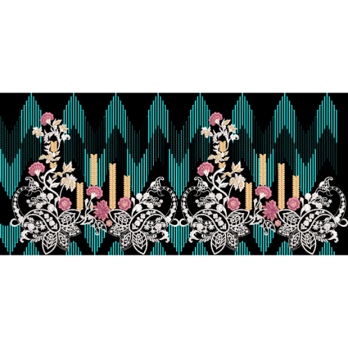 Modern Floral Embroidery Border with Geometric Wave Pattern