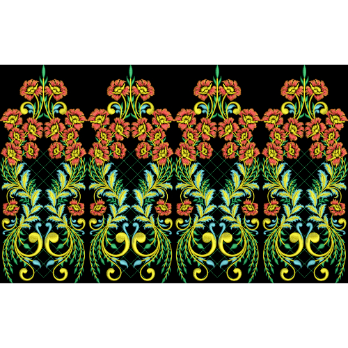 Ornate Repeating Floral Embroidery Border Textile Design on Black