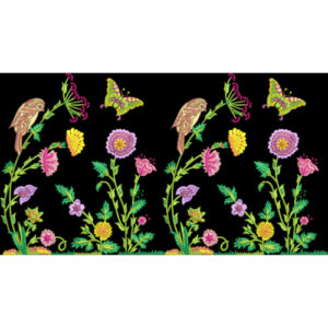 Playful Floral and Bird Embroidery Border Textile Design